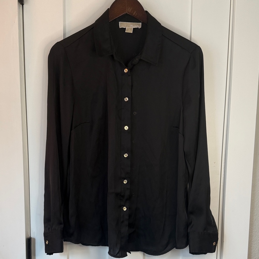 Michael Kors Black Button Front Blouse Gold Buttons Size 10